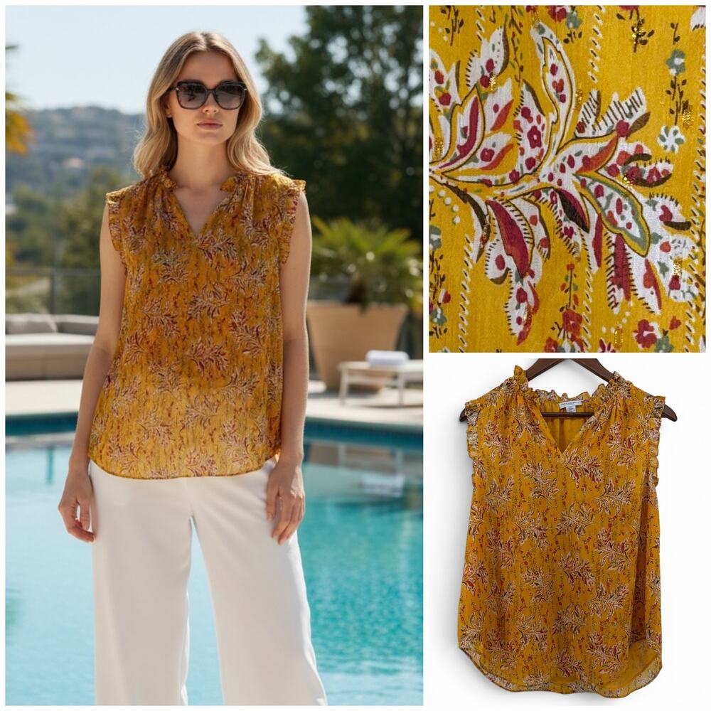 Carolina Belle Ruffle Sleeveless Blouse Women’s Medium Mustard Gold V Neck Top